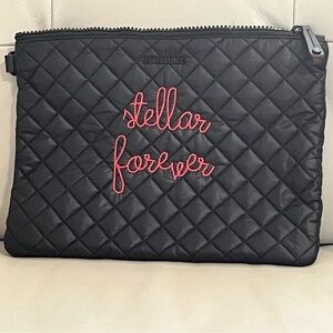 MZ Wallace Black and Red Chic Quilted Clutch w/Red “Stellar Forever” Embroidery